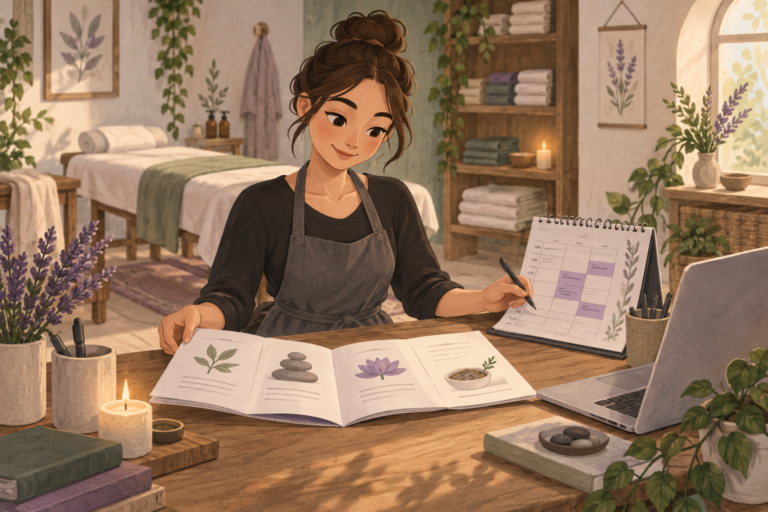 Illustrated wellness studio owner organizing service information and an appointment planner