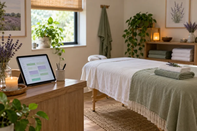 Massage treatment room with a reception tablet displaying appointment times and folded towels