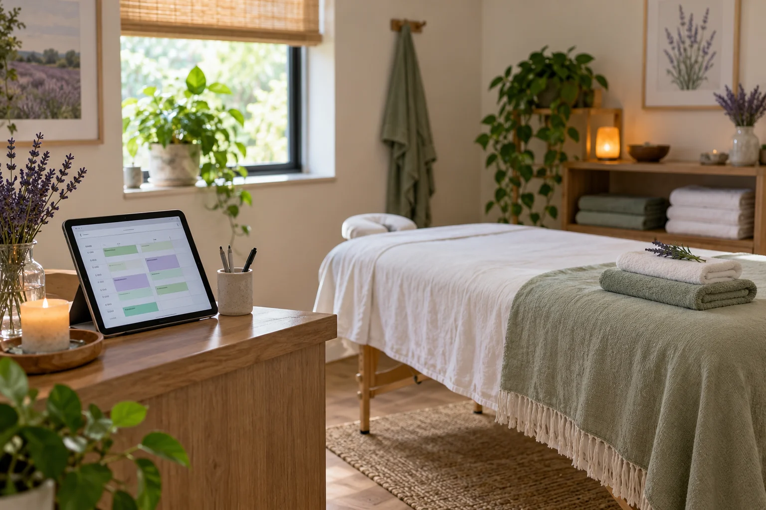 Massage treatment room with a reception tablet displaying appointment times and folded towels