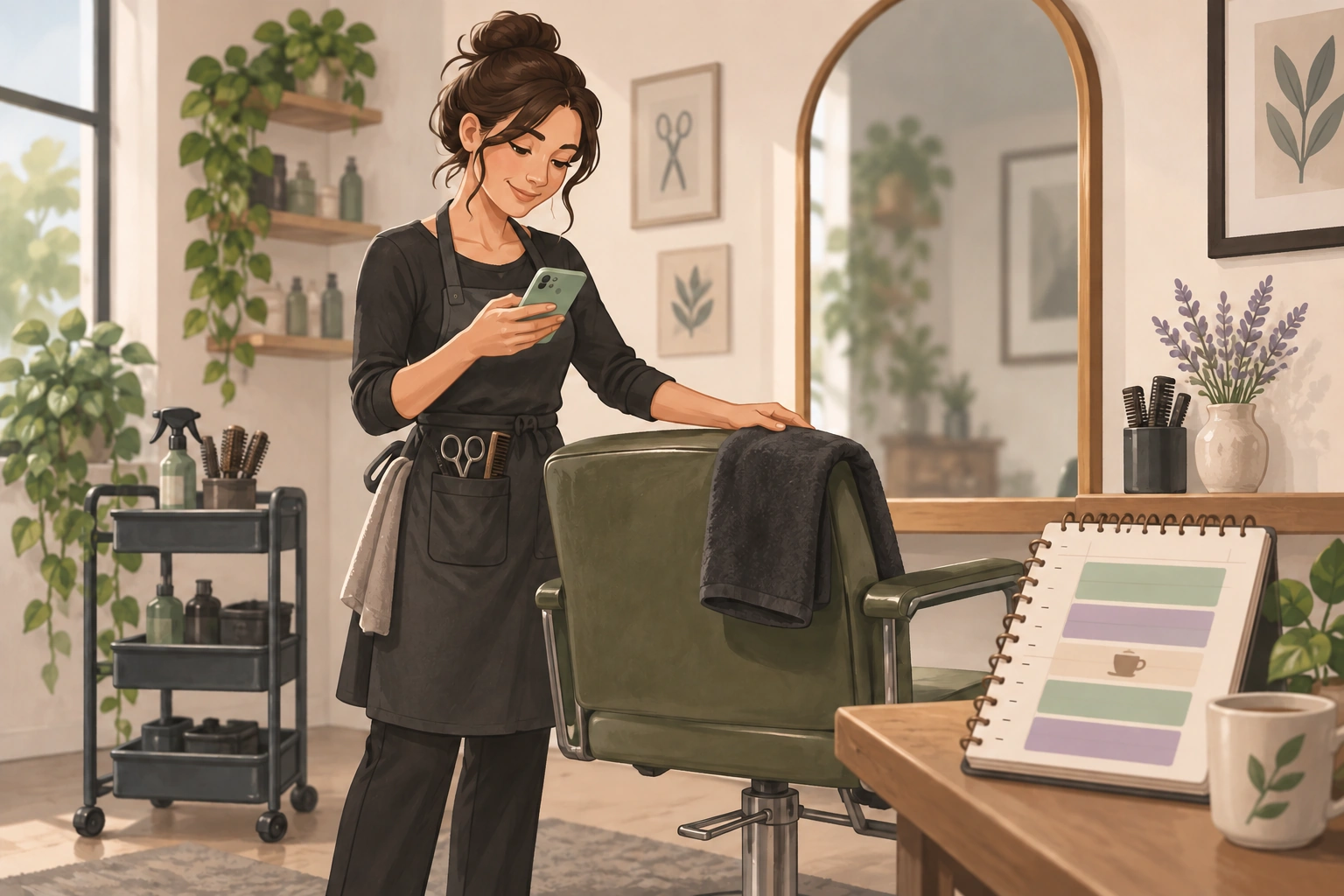 Illustrated solo hairstylist beside one salon chair and a day planner with appointments and a coffee break