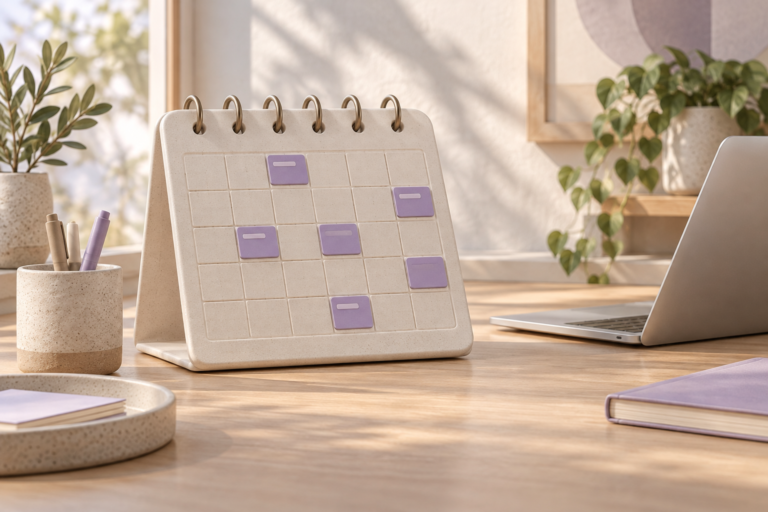 Self-contained desk calendar with violet appointment tiles beside an unbranded laptop