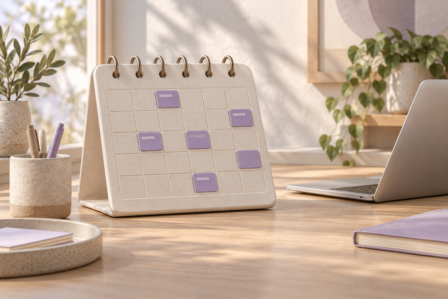 Self-contained desk calendar with violet appointment tiles beside an unbranded laptop
