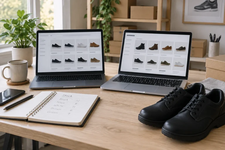 Two laptops displaying product catalogs beside work shoes and a stock notebook on a retailer desk