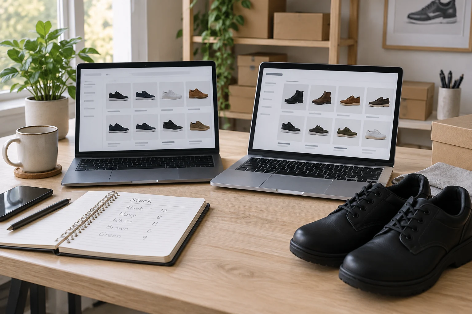 Two laptops displaying product catalogs beside work shoes and a stock notebook on a retailer desk