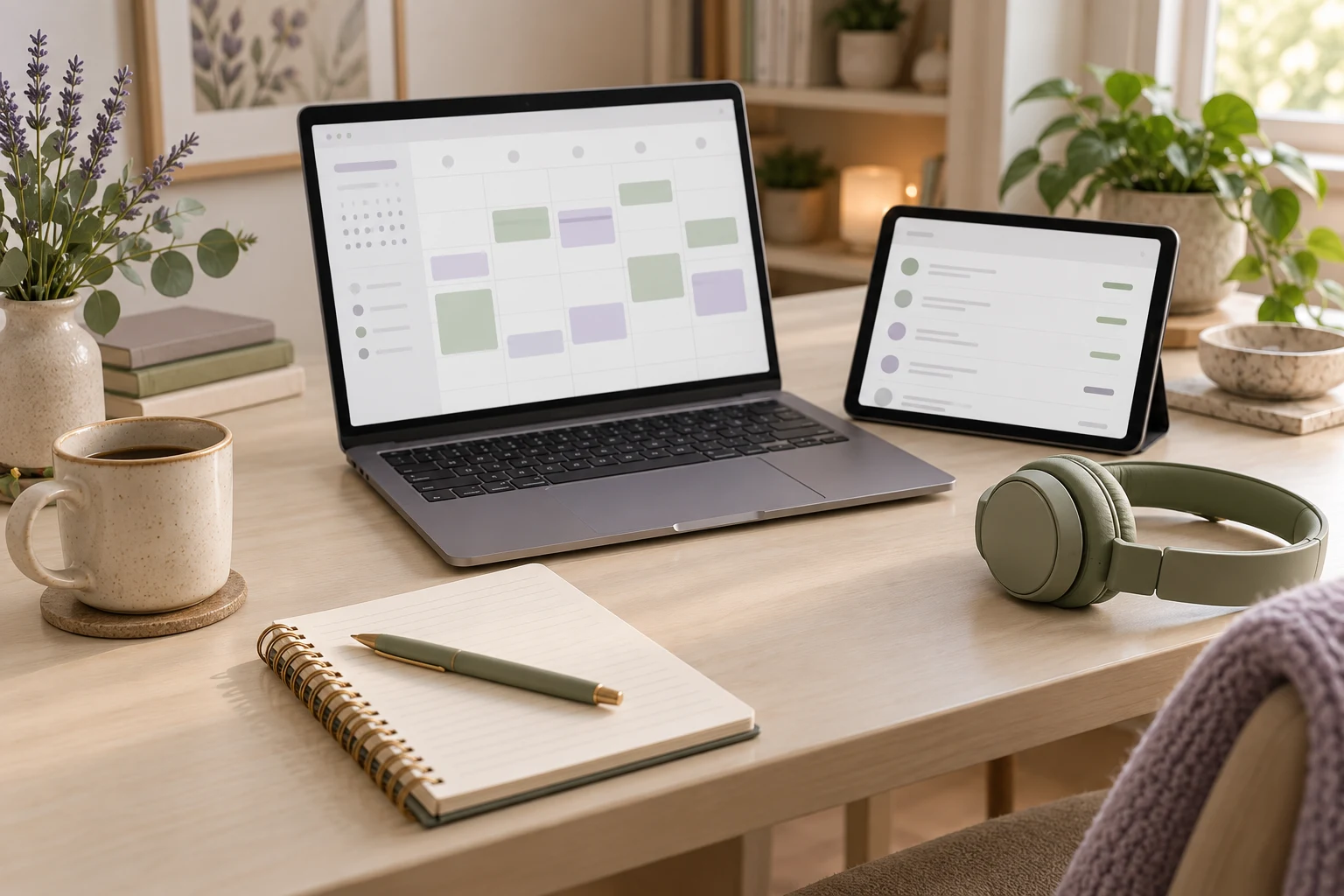 Consultation desk with a calendar on a laptop and a separate transaction list on a tablet