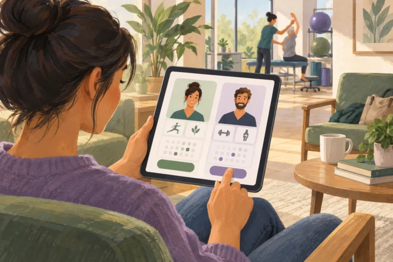 Illustrated visitor comparing two fictional therapist profiles on a tablet