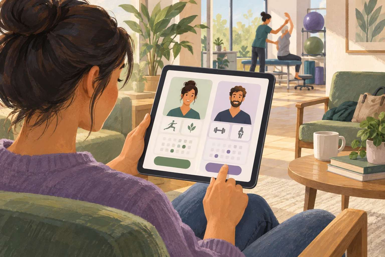 Illustrated visitor comparing two fictional therapist profiles on a tablet