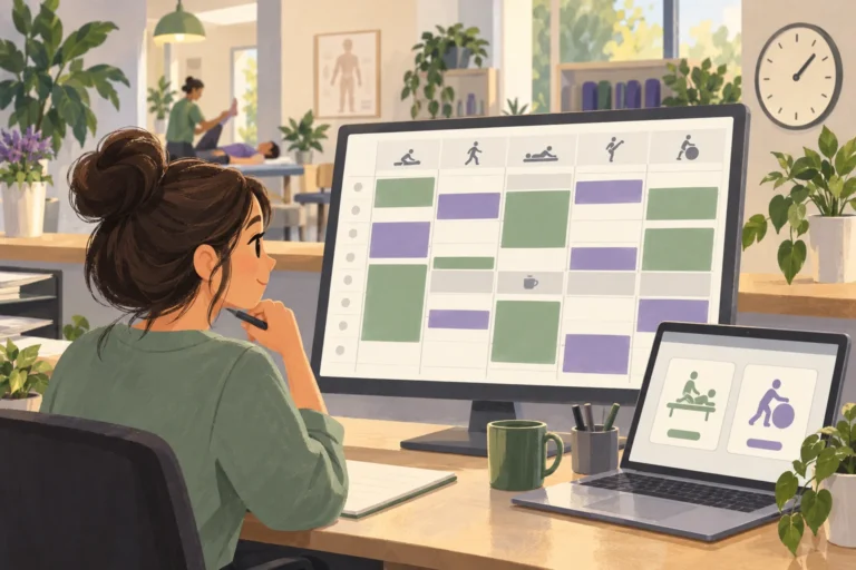 Illustrated administrator reviewing calendar blocks for appointments of different lengths