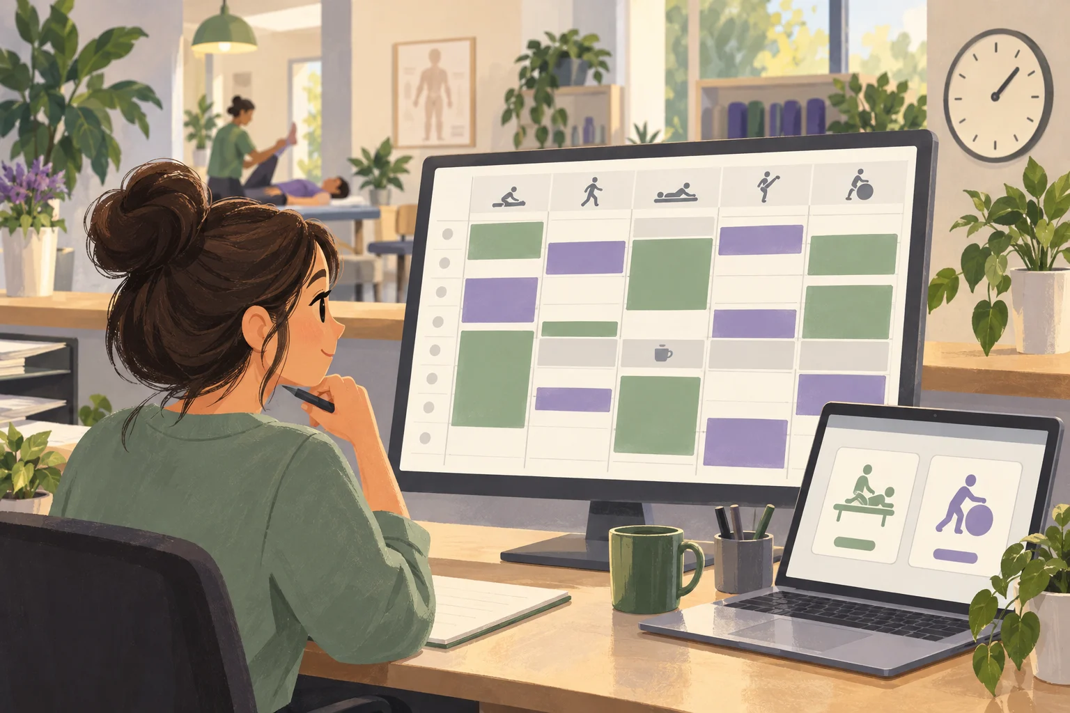 Illustrated administrator reviewing calendar blocks for appointments of different lengths