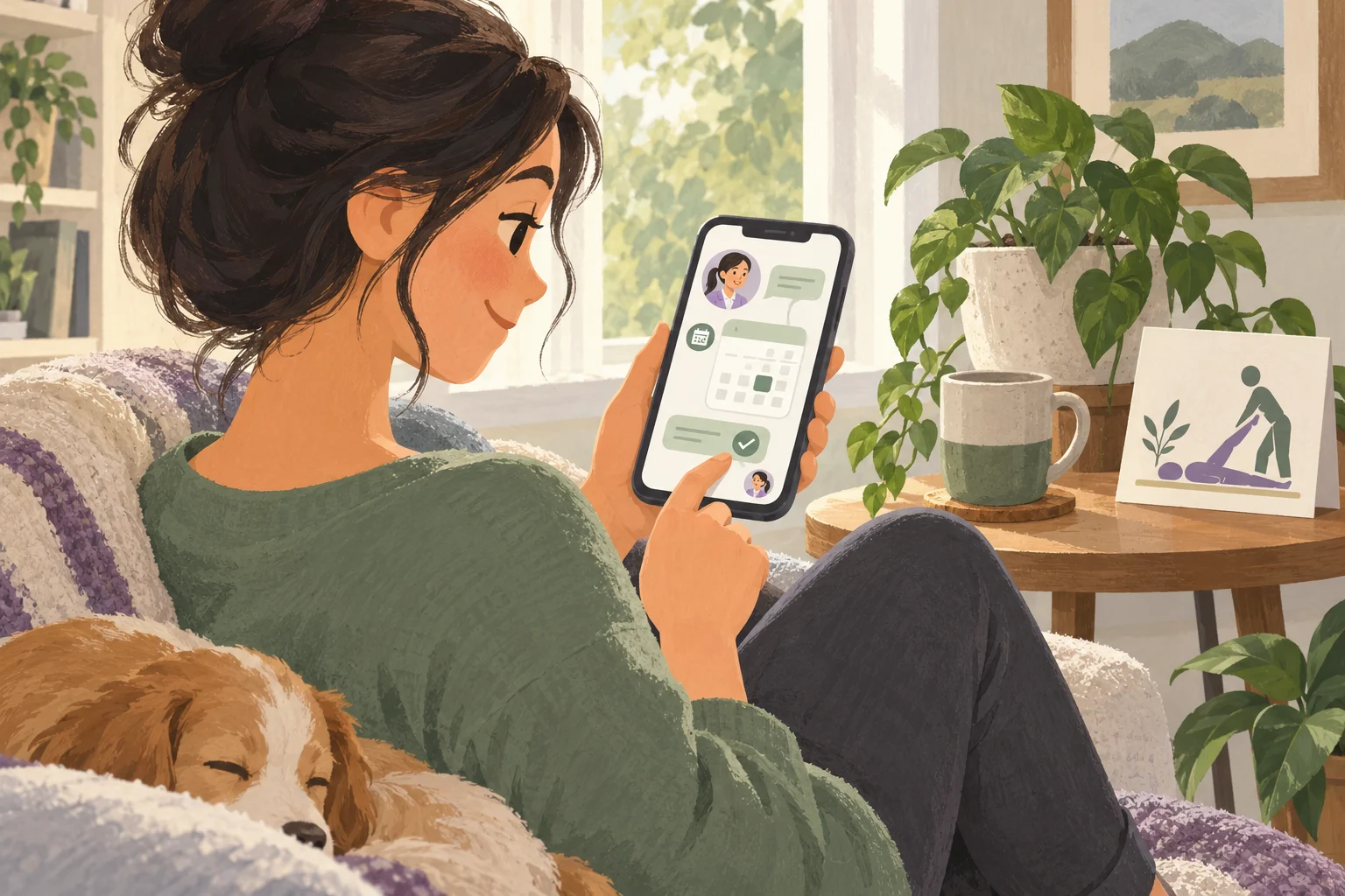 Illustrated person choosing an appointment within a phone messaging conversation