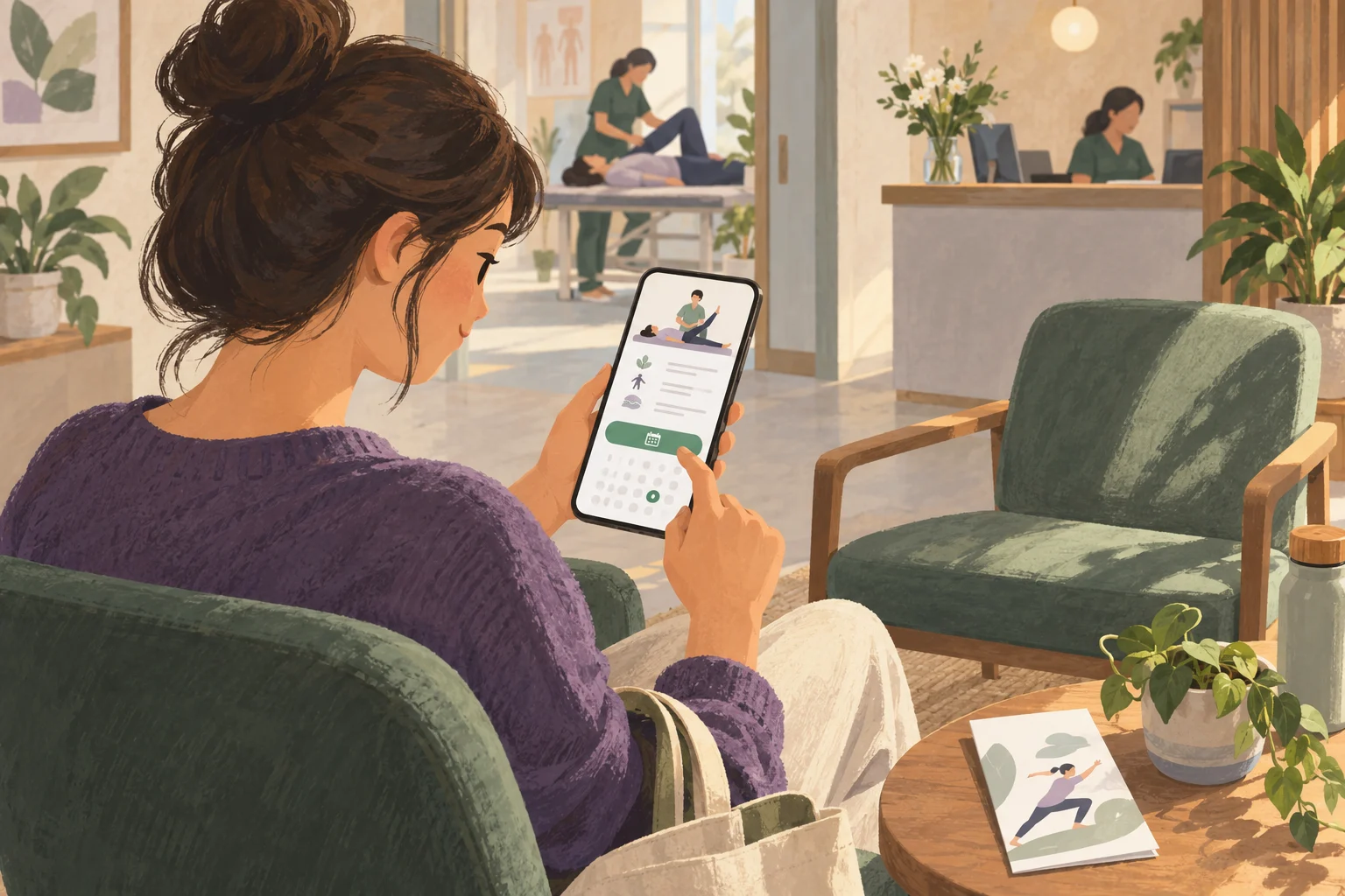 Illustrated visitor using service information and an appointment option on a phone