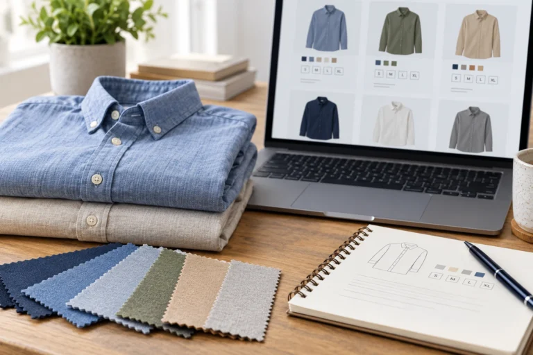 Shirt fabric swatches beside a laptop catalog with color and size options