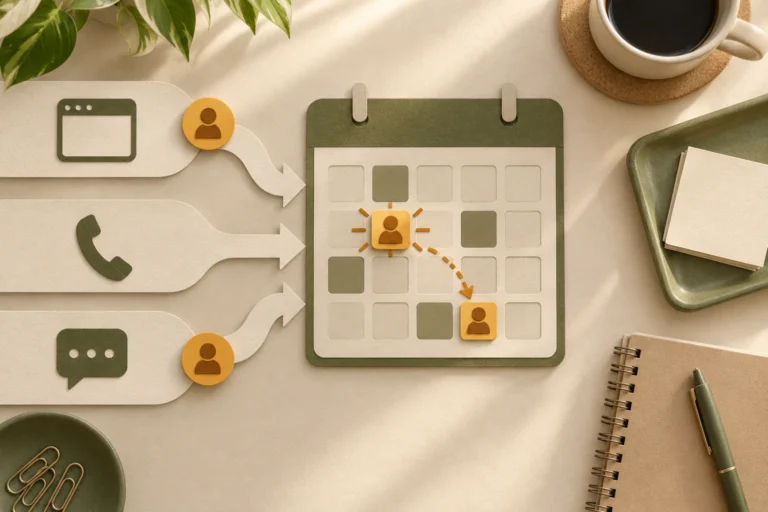 Conceptual website phone and messaging routes converging on one calendar with separate appointment slots