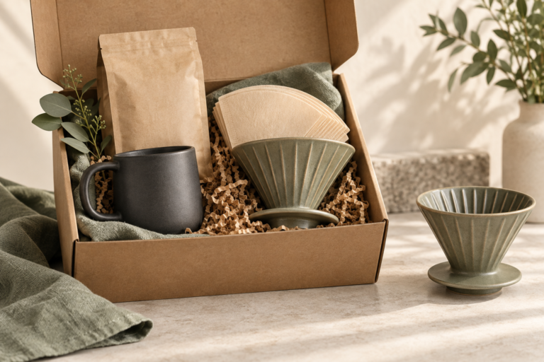 A coffee starter kit with a dripper, filters, coffee and mug arranged in a kraft box
