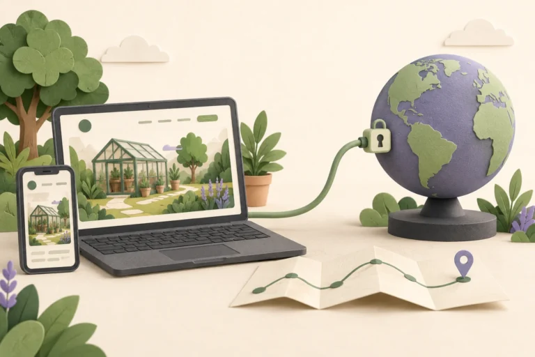 Illustrated laptop and phone website connected to a globe through a secure domain link