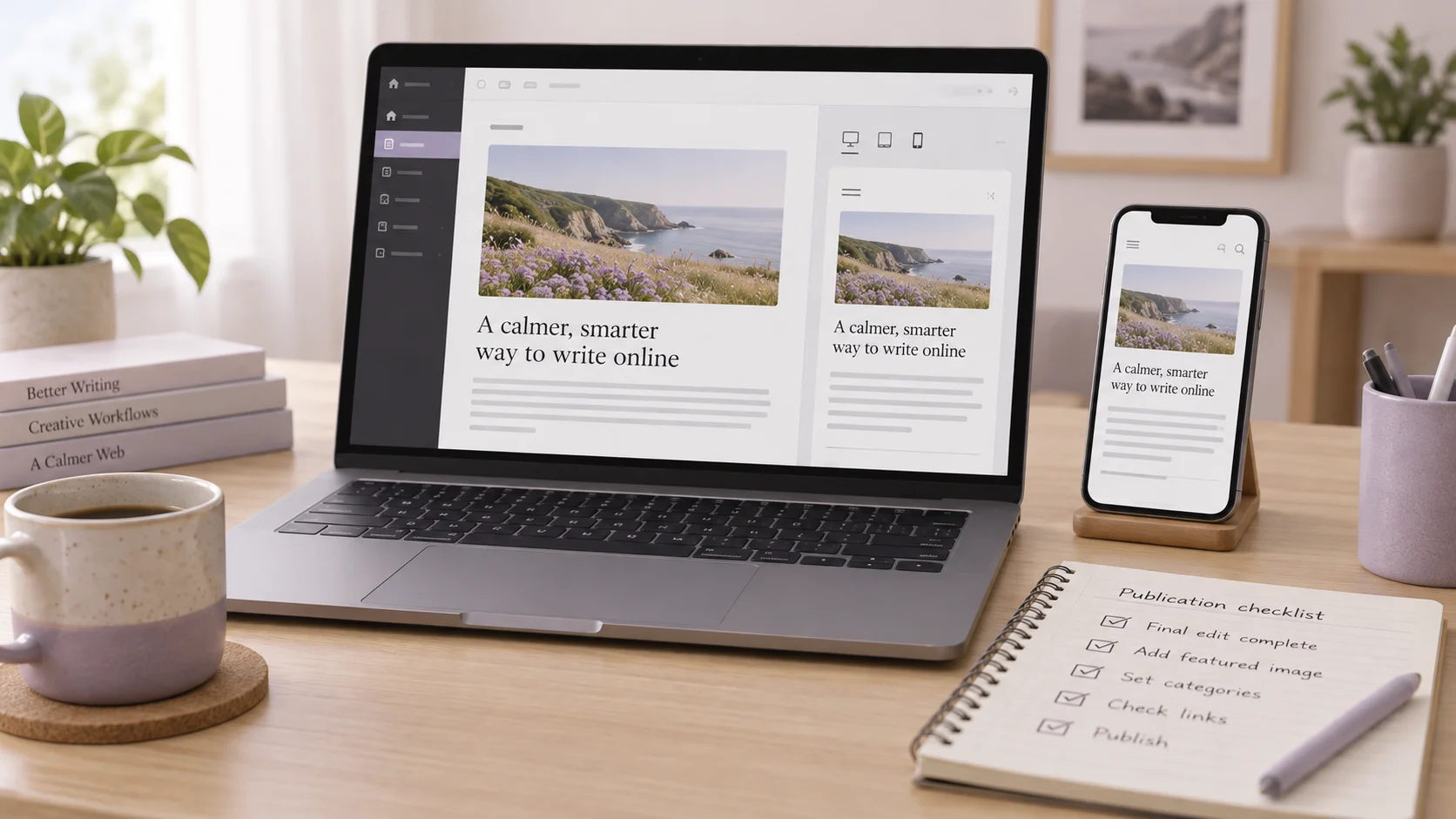 Laptop and phone displaying a blog preview beside a publication checklist