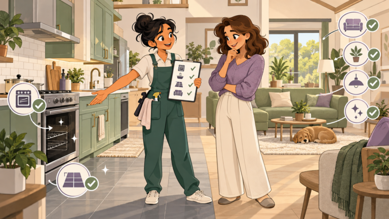 Illustrated cleaner and homeowner reviewing rooms and service scope
