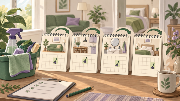 Illustrated calendar series showing separate recurring cleaning visits