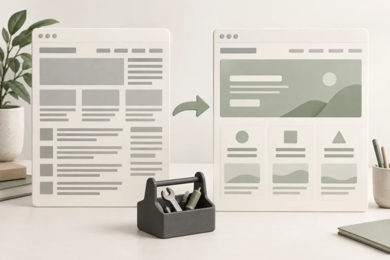 Conceptual crowded and reorganized website layouts with a sage arrow and a small maintenance toolkit.