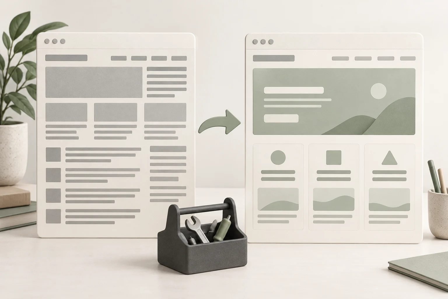 Conceptual crowded and reorganized website layouts with a sage arrow and a small maintenance toolkit.