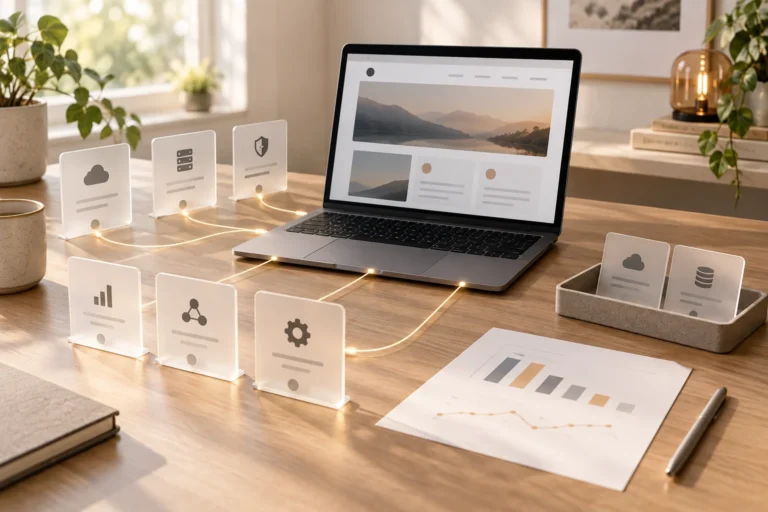 Website service cards being reviewed beside an abstract usage chart