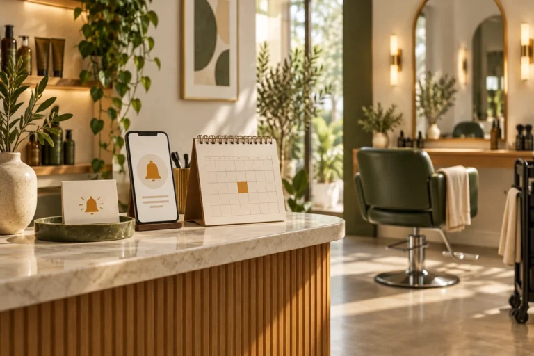 Conceptual appointment reminder phone and calendar beside a prepared empty salon chair