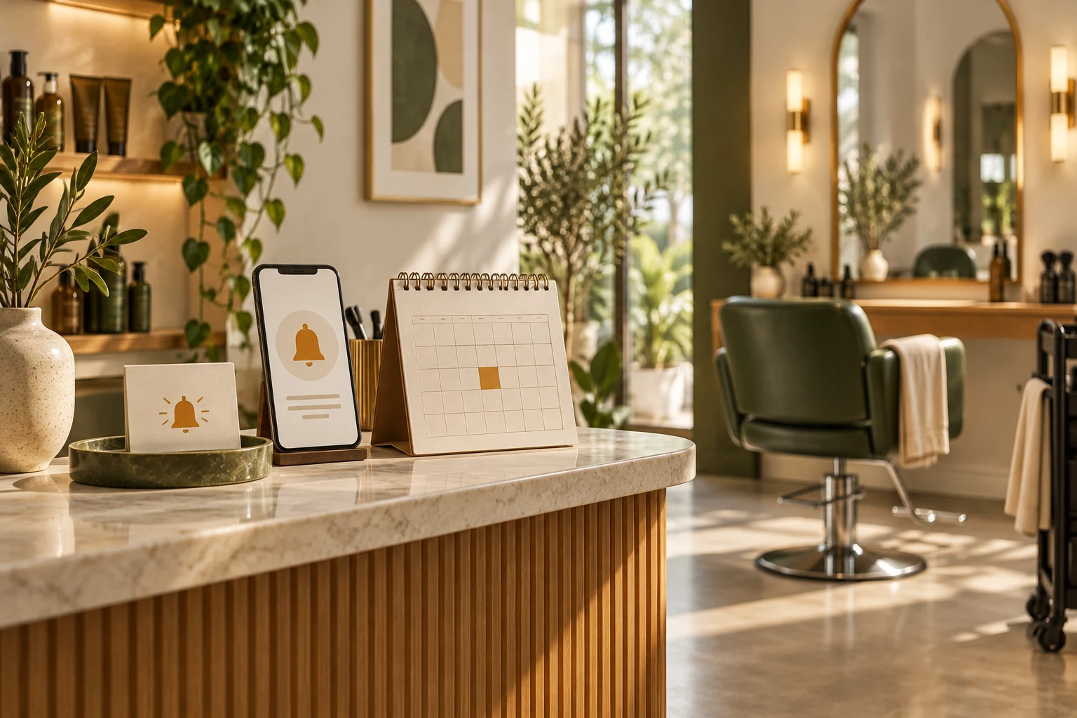 Conceptual appointment reminder phone and calendar beside a prepared empty salon chair