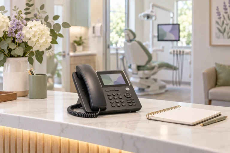 Desk telephone and callback notebook on a dental reception counter