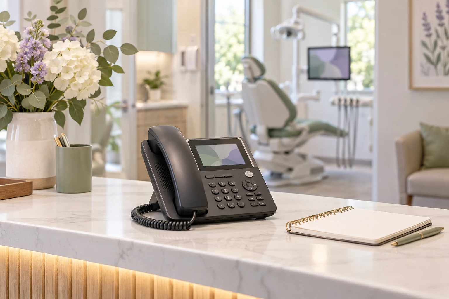 Desk telephone and callback notebook on a dental reception counter