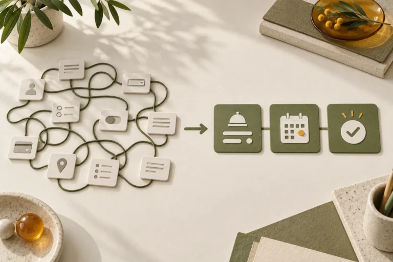 Conceptual tangled form tiles becoming a short service calendar and confirmation sequence