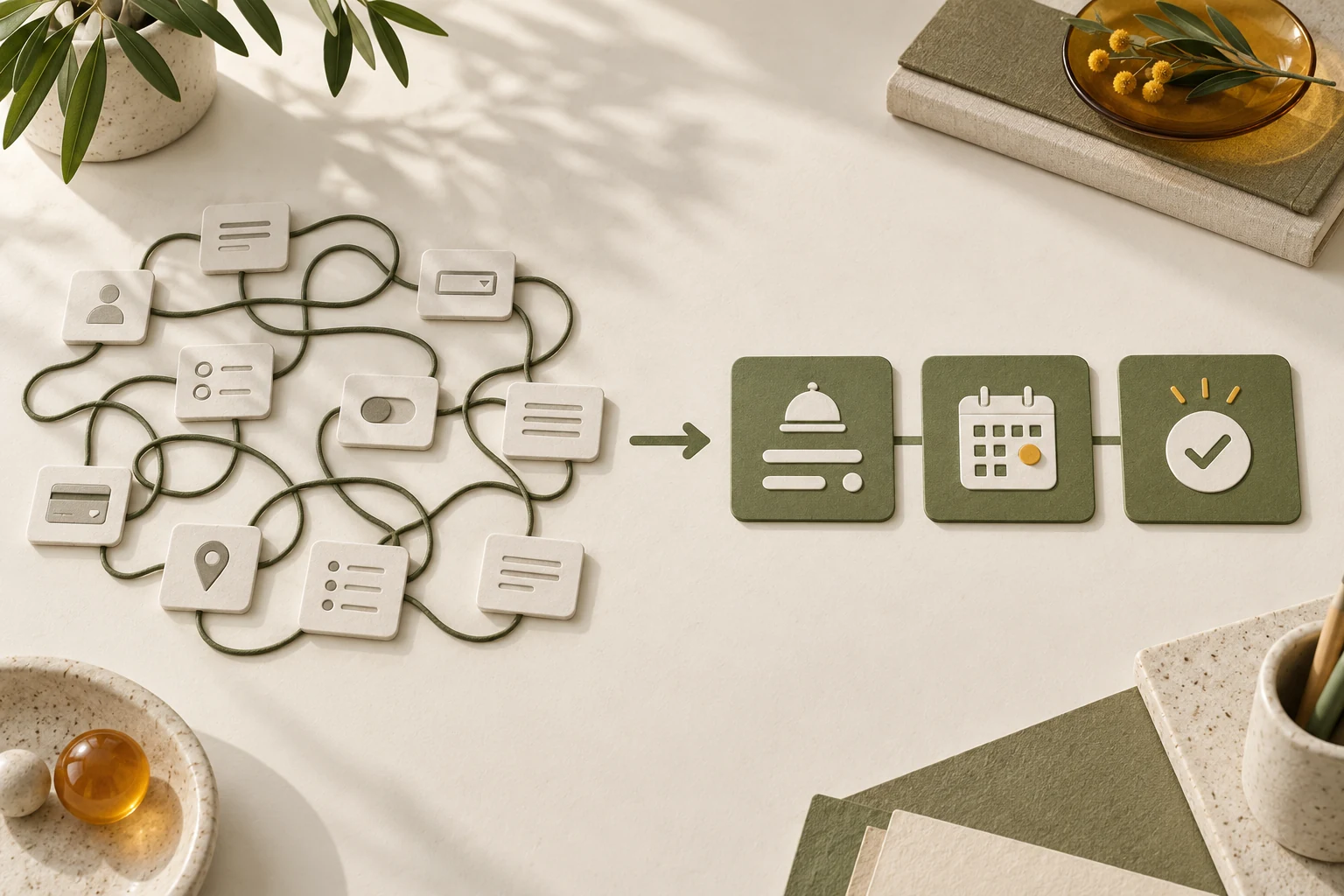Conceptual tangled form tiles becoming a short service calendar and confirmation sequence