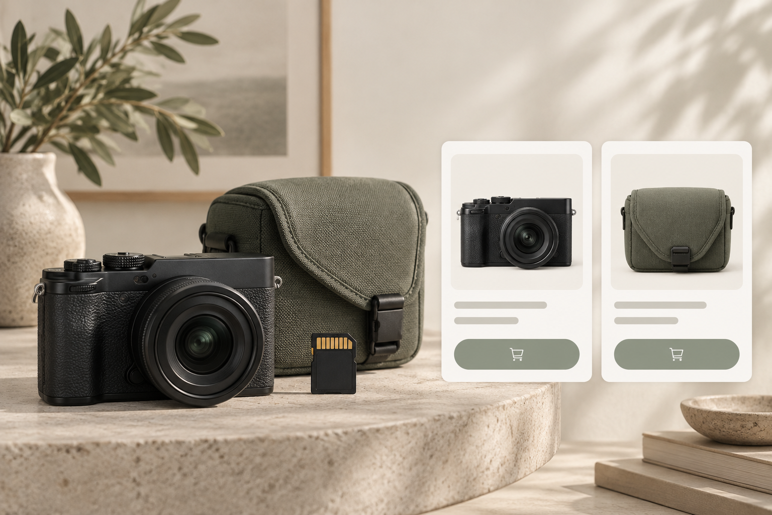 A camera with a matching protective case and memory card beside illustrated product cards