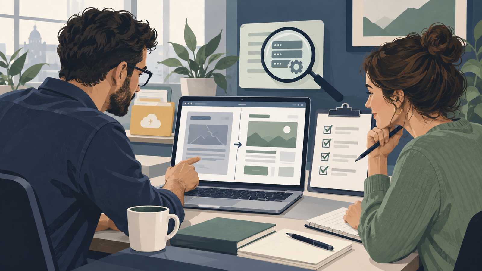 Two reviewers checking webpage changes beside an approval checklist