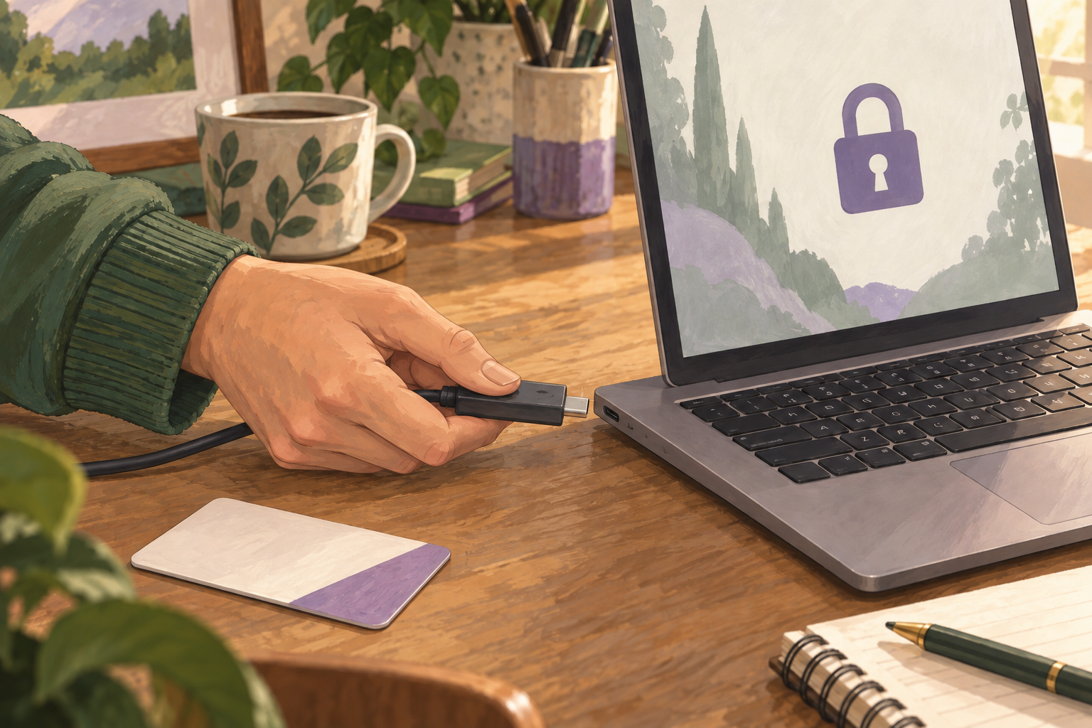 Illustrated hand holding a disconnected access cable beside a laptop displaying a closed padlock.