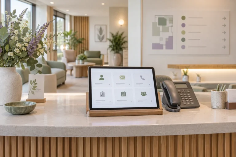 Clinic tablet showing generic contact-directory cards beside a telephone and wayfinding board