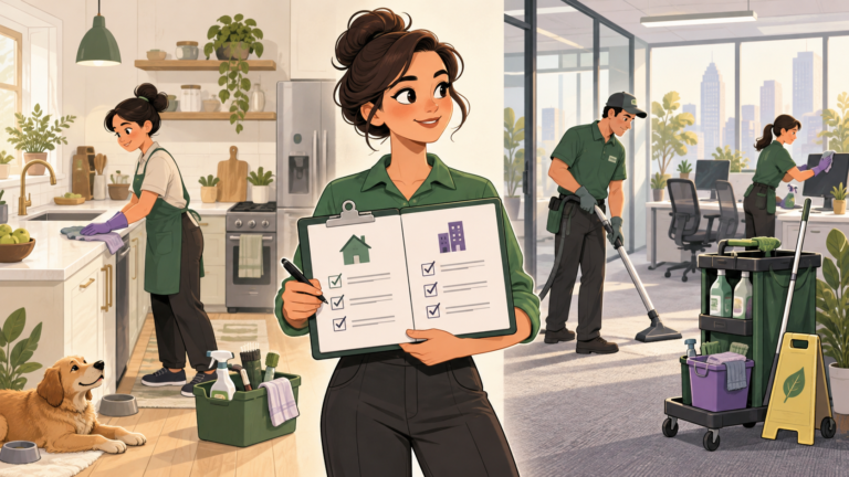 Illustrated residential and commercial cleaning enquiries with different premises