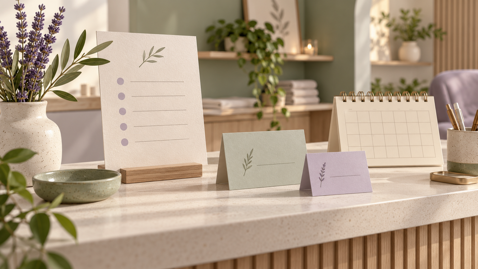 Service list and two appointment cards on a small business counter beside a desk calendar