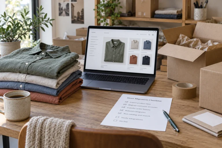 Folded shirts beside a laptop catalog, packing boxes and a store migration checklist