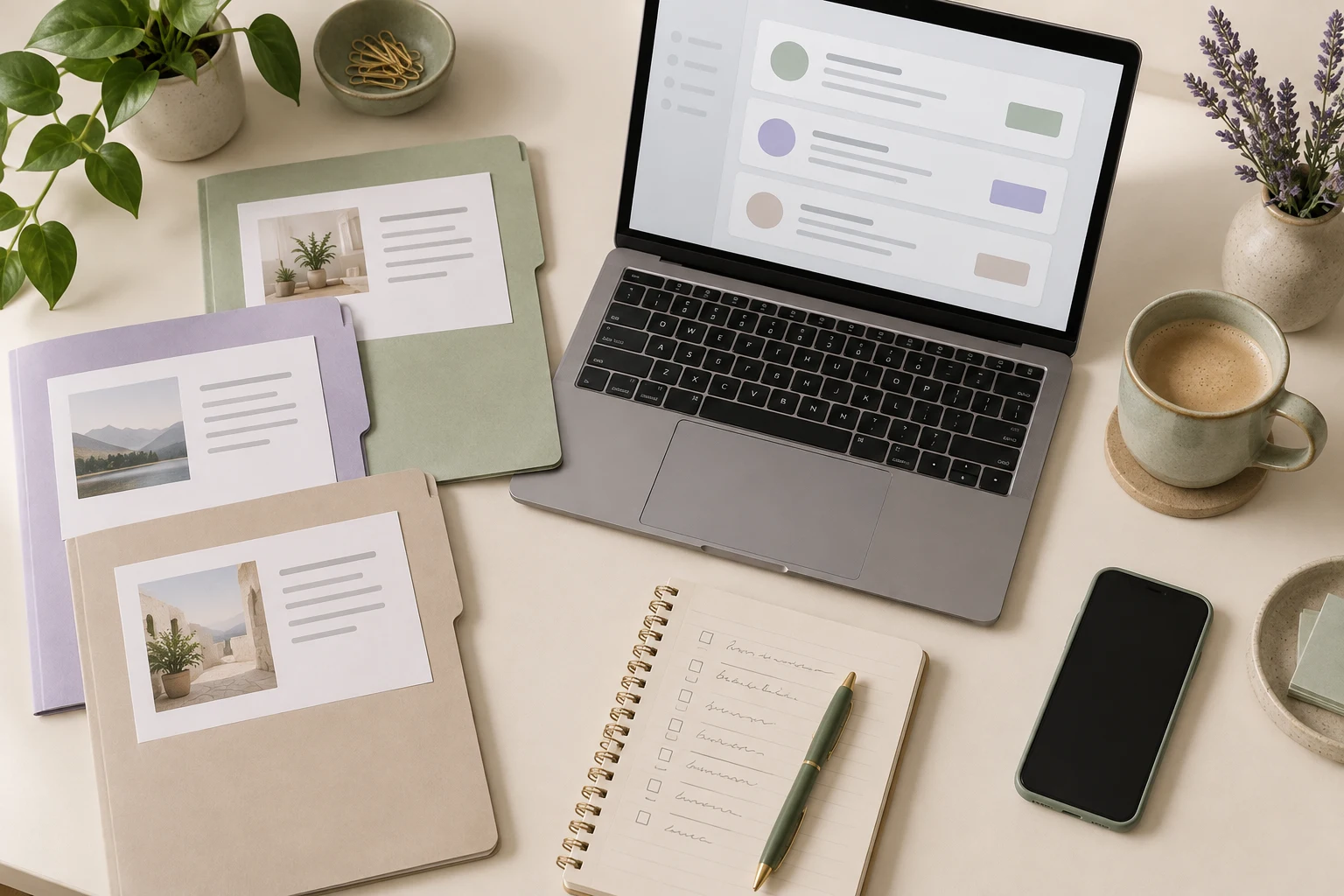 Freelance project folders and enquiry cards arranged for human review