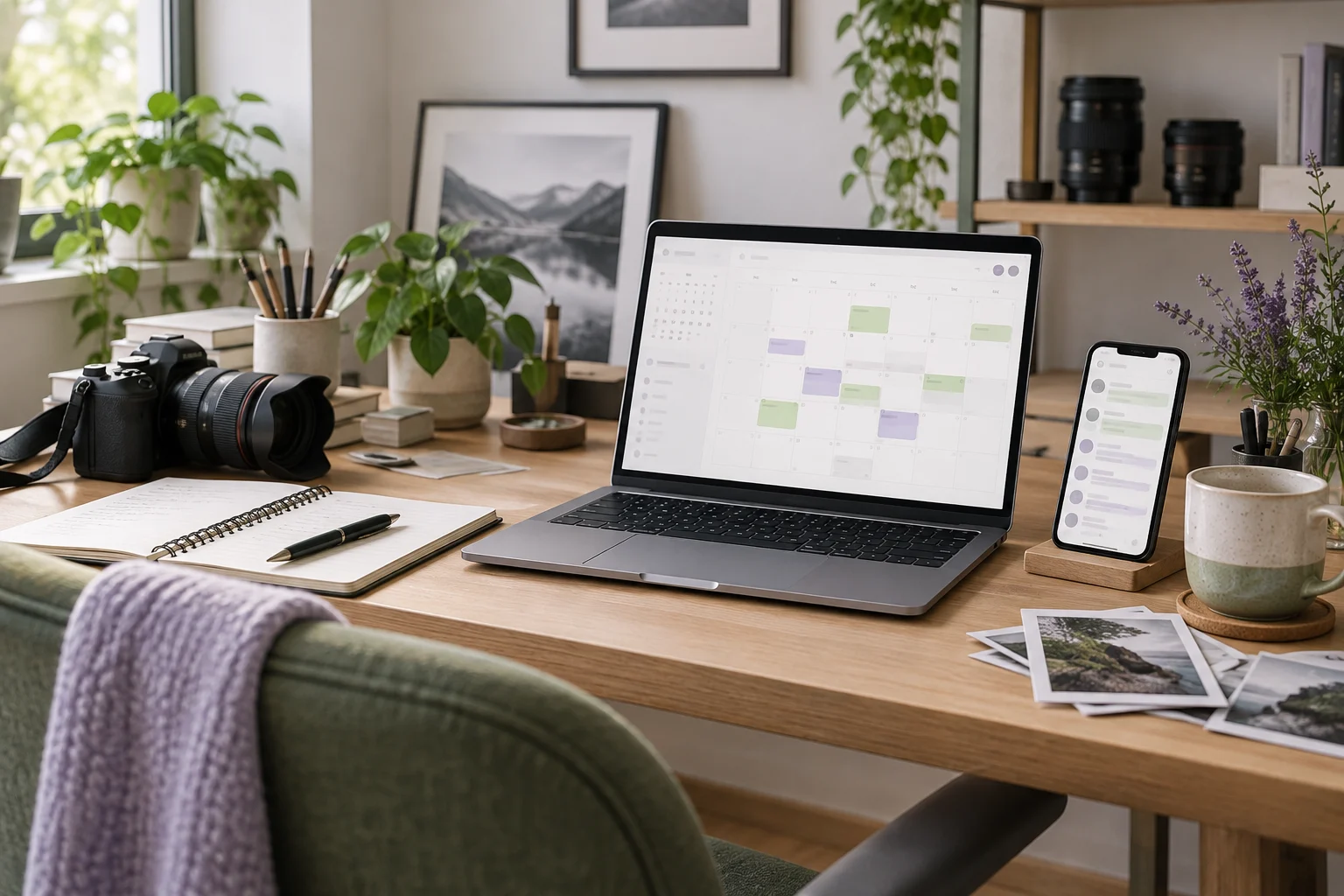 Solo business owner work desk with an appointment website and phone showing a service enquiry