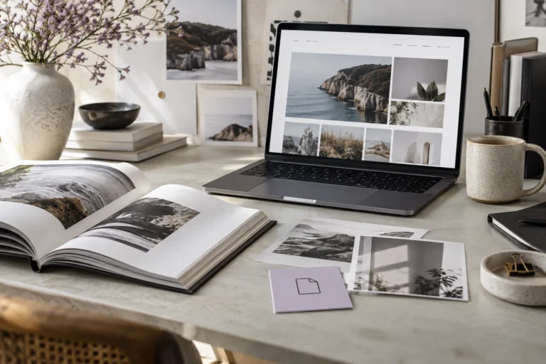 Portfolio website on a laptop beside a photo book, image prints and an export-file card