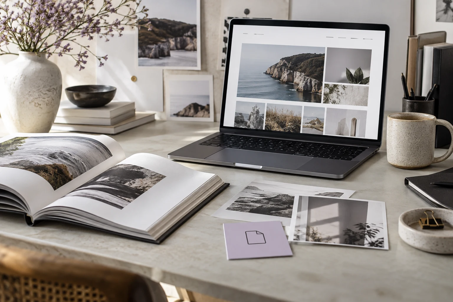 Portfolio website on a laptop beside a photo book, image prints and an export-file card