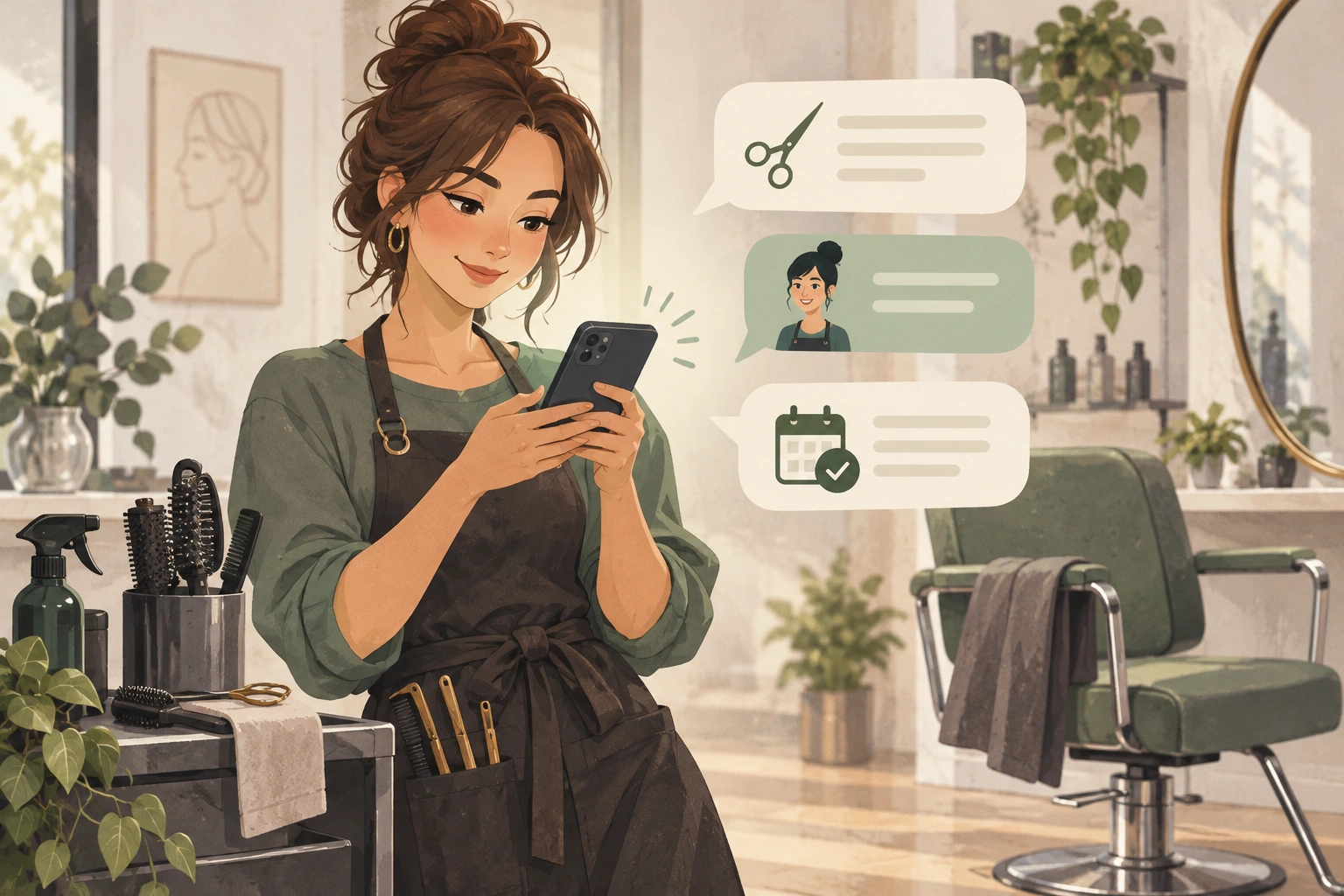 Illustrated hairstylist reading a phone conversation with service, stylist and confirmed calendar symbols