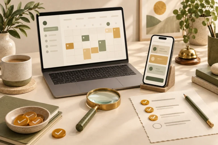 Conceptual laptop and phone appointment tiles beside a testing checklist and magnifying glass