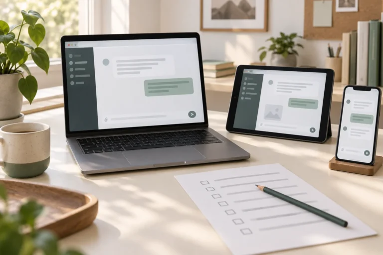 Laptop, tablet and phone with generic chat screens beside a testing checklist
