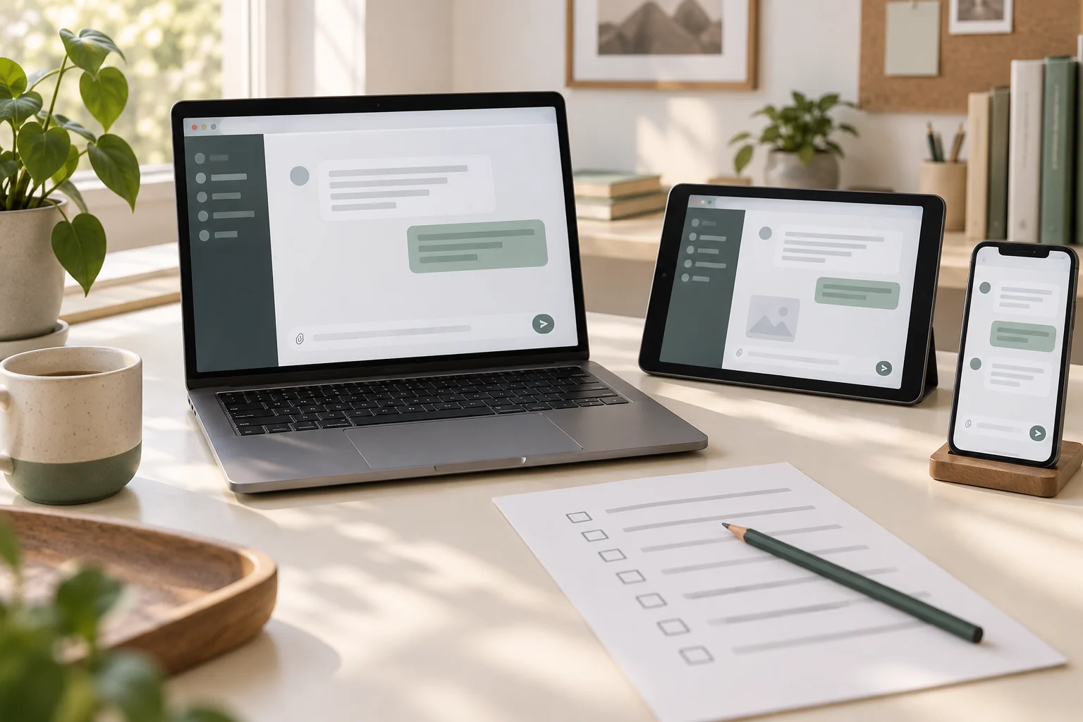 Laptop, tablet and phone with generic chat screens beside a testing checklist