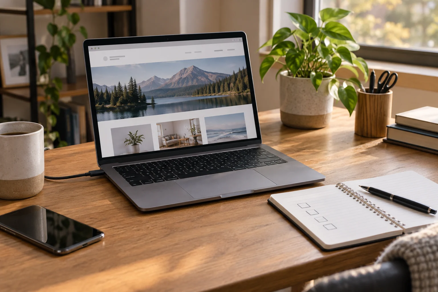 Laptop website preview and notebook checklist for a connection test