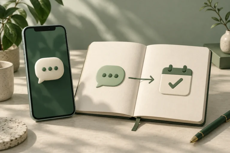 Phone beside a notebook showing a chat bubble leading to an appointment check