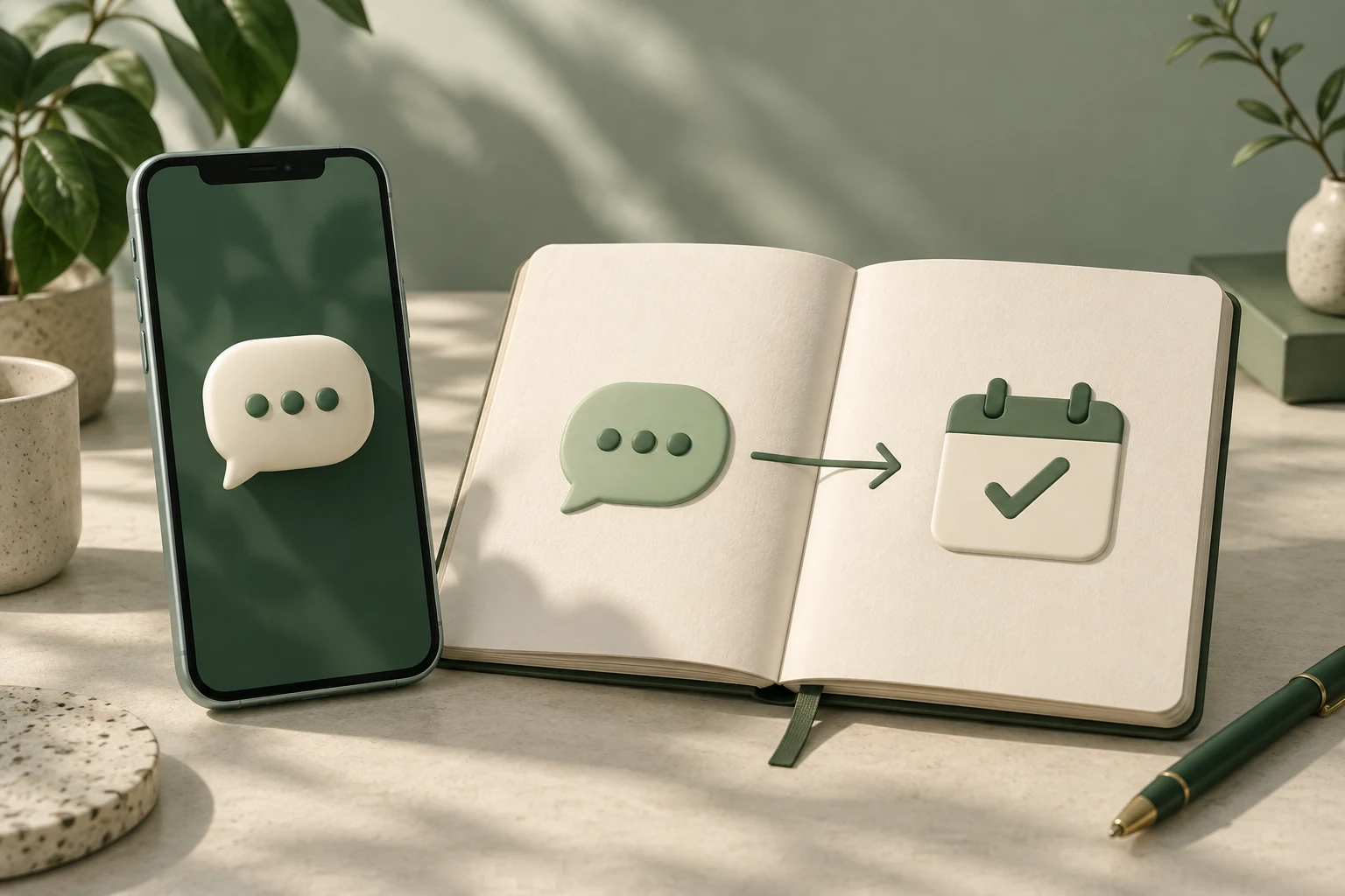 Phone beside a notebook showing a chat bubble leading to an appointment check