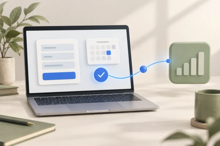 Conceptual illustration of a confirmed website form and calendar sending an event to a measurement panel